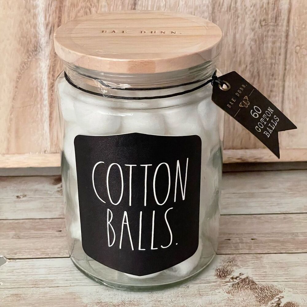 NWT Rae DunnโCOTTON BALLS Clear Glass Jar Container with Wood Lid & 60 cotton ba